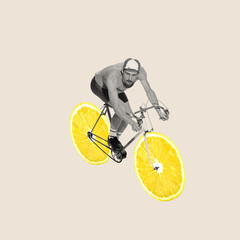 Contemporary art collage. Creative design. Young man, cyclist in uniform riding bike with lemon...