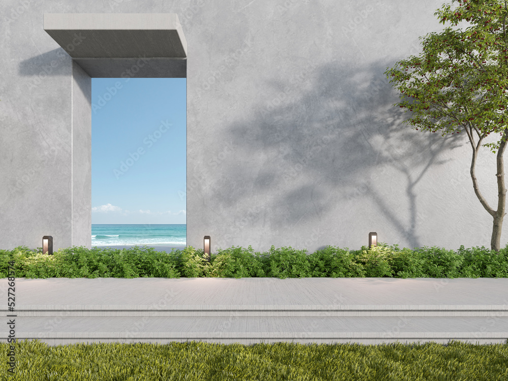 Poster 3d rendering of concrete building with terrace and large window on sea background.