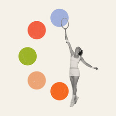 Contemporary art collage. Creative design in retro style. Sportive young girl playing badminton