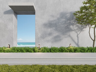 3d rendering of concrete building with terrace and large window on sea background.
