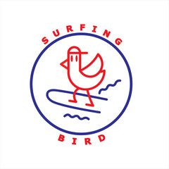 Bird standing on a surfing board, line art vector logo