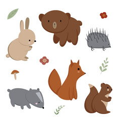 Set of cute forest animals on white background. Cartoon bear, rabbit, fox, hedgehog, raccoon, squirrel. Vector illustration for children.