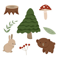 Set of cartoon elements of forest. Collection of woodland attributes. Cute forest animals bear and rabbit. Vector illustration for children.