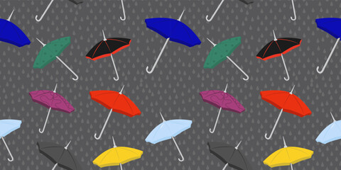Seamless pattern with colored umbrellas on a gray background. Background with raindrops, protection from rain, autumn, melancholy. Elegant print on clothes, raincoats, covers. Vector stock image.