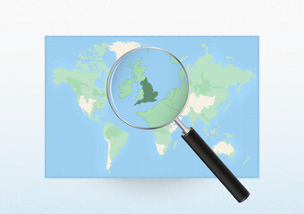 Map of the World with a magnifying glass aimed at England, searching England with loupe.