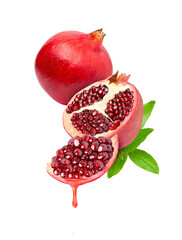 Pomegranate fruit with juice drop dripping isolated on white background.
