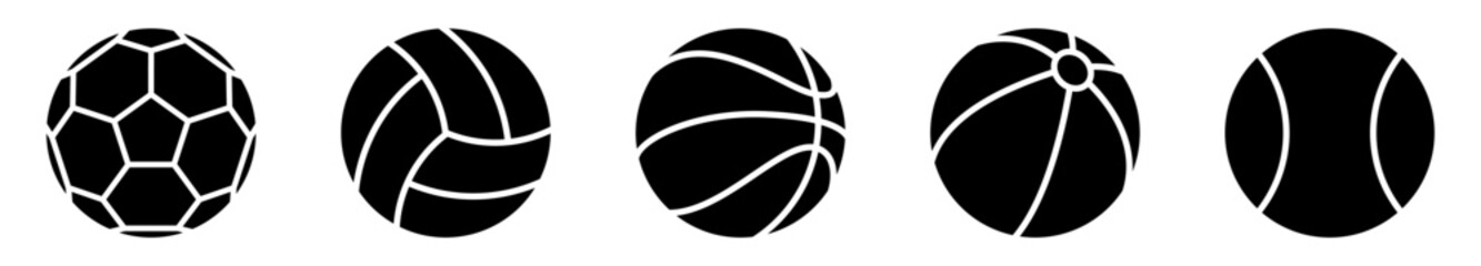Ball icons. Set of different balls. Sport symbols. Black vector illustration.