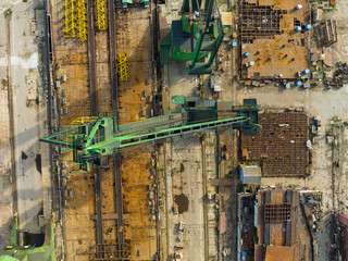 Cranes in Gdansk Shipyard Aerial View. Motlawa River Industrial Part of the City Gdansk, Poland. Europe.  - obrazy, fototapety, plakaty