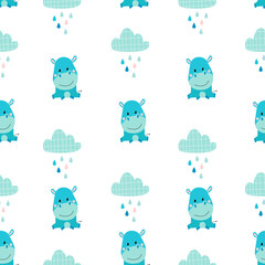 Vector hand drawn cute baby pattern. Hippo, clouds and raindrops in doodle style. Print for clothes, textiles, wallpapers.