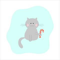 grey cat with Christmas sweet lollipop in his paw