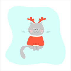 cute cat for Christmas day. cat in a red sweater and with deer antlers