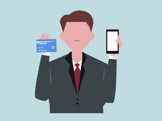 Businessman holding mobile phone and credit card. Bank card / Pay card. Vector illustration