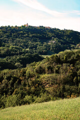 Fototapeta na wymiar View of fields under Belvedere Fogliense, Region Marche of Italy.