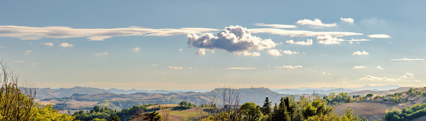 View of the Montefeltro hills and mountains from Belvedere Fogliense in the Marche region of Italy - obrazy, fototapety, plakaty
