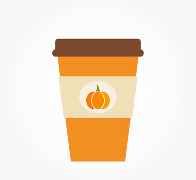 Pumpkin Spice Latte, Autumn Coffee In Orange Paper Cup Isolated On White Background.