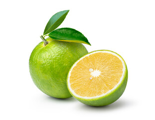 Bitter orange (Aurantium citrus or Seville orange) with cut in half sliced and green leaf isolated on white background.