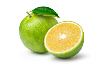 Bitter orange (Aurantium citrus or Seville orange) with cut in half sliced and green leaf isolated on white background.