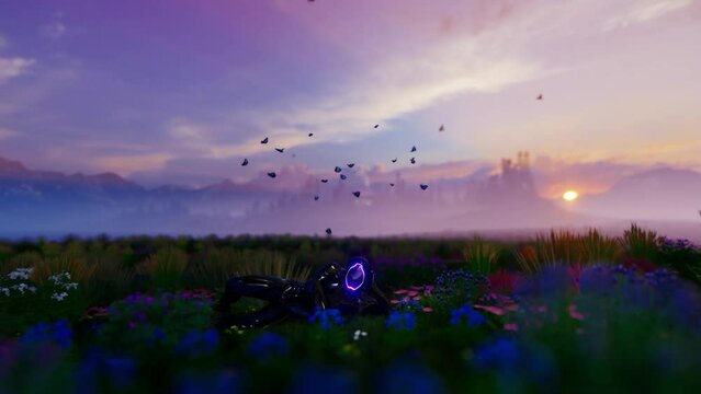 Alien sitting on a flower meadow with butterflies against timelapse sunrise