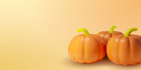 3D realistic composition with three pumpkins. Vector background with illustration of orange vegetables. Banner for Helloween