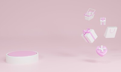 3d render of podium and pink background with gift boxes