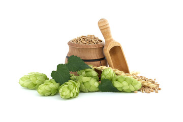 Fresh hops cones near to a barrel with wheat grain