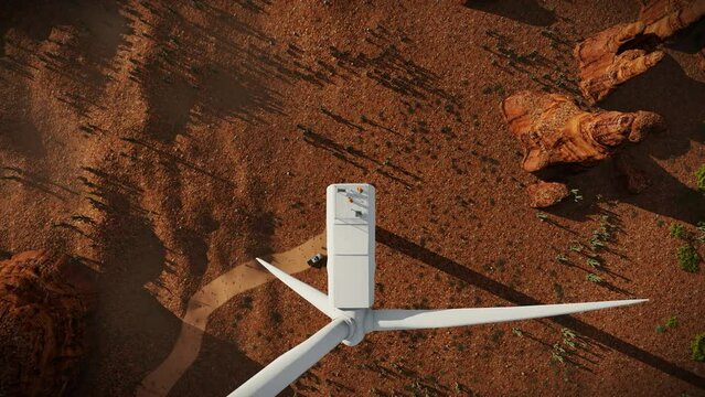 Drone take off from maintenance workers on top of a desert Wind Turbine, 4K