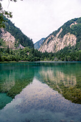 Jiuzhaigou in Sichuan province is a famous tourist base with its natural scenery. Vertical image