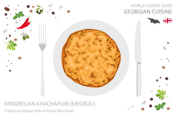 World cuisine guide. Georgian cuisine. Mengrelian khachapuri, megruli bread isolated on white, infograpic