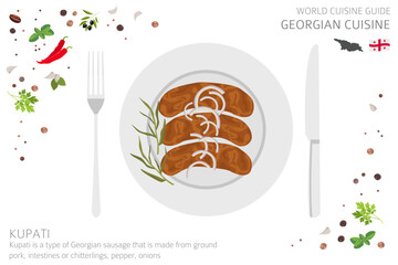 World cuisine guide. Georgian cuisine. Kupati, Georgian sausages isolated on white, infograpic
