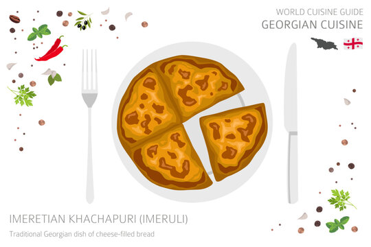 World cuisine guide. Georgian cuisine. Imeretian khachapuri, imeruli bread isolated on white, infograpic