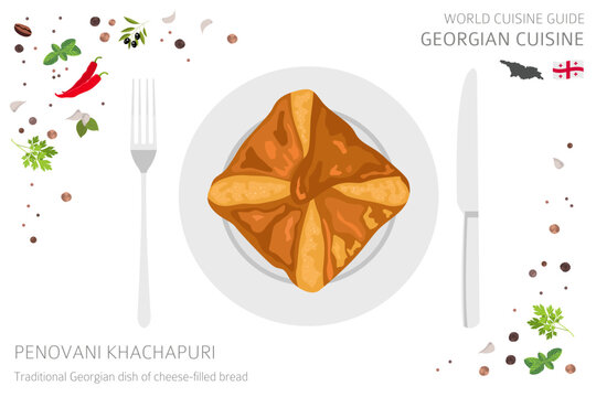 World cuisine guide. Georgian cuisine. Penovani khachapuri bread isolated on white, infograpic