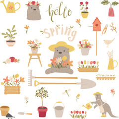 Cute otter character in the garden. Gardening outside. Spring gardening conceptual art. Vector isolated illustrations. 