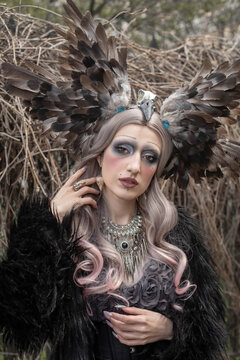Fantasy image of a girl for halloween. Queen bird
