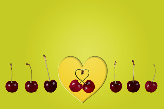 single couple love cherries cherry fruit concept image with row line of cherries & heart on a colorful colourful lime green background