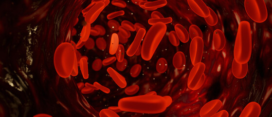 Red blood cells moving in blood vessel panorama. 3D rendering.