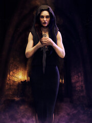 Gothic priestess standing in a dungeon of a castle, holding a dagger in her hands. 3D render - the woman is a 3D object.