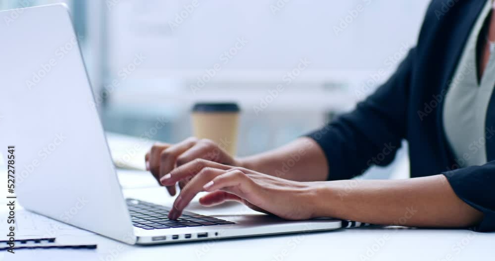 Poster Business woman, hands and typing on laptop keyboard for corporate meeting pitch brainstorm. Employee with quick and efficient notes on digital device for work idea or strategy planning.