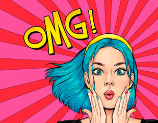 Surprised young sexy woman  in comic style. Amazed lady saying OMG. Pop Art girl with shocked face.   - obrazy, fototapety, plakaty