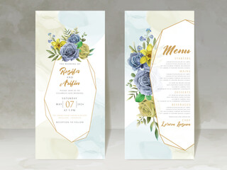 elegant wedding invitation card with blue and yellow flowers