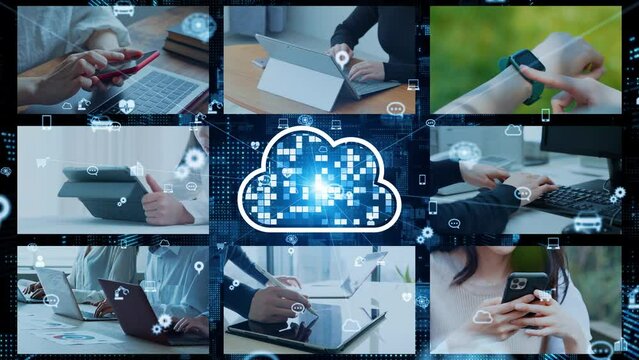 様々なモバイルデバイスを使う人々　クラウドネットワーク