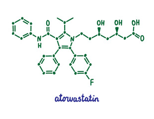 Atorvastin hand drawn vector formula chemical structure lettering blue green