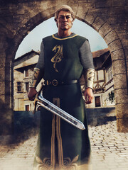 Fantasy knight holding a sword and guarding the gate to a medieval city. 3D render - the man is a 3D object. - 527279158