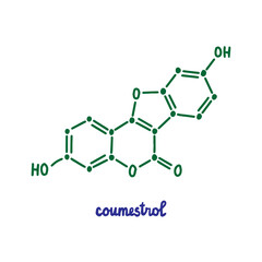 Coumestrol hand drawn vector formula chemical structure lettering blue green