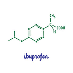 Ibuprofen hand drawn vector formula chemical structure lettering blue green