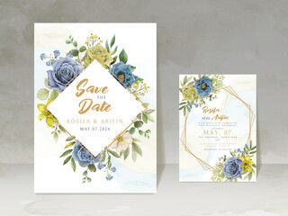 Naklejka na ściany i meble elegant wedding invitation card with blue and yellow flowers