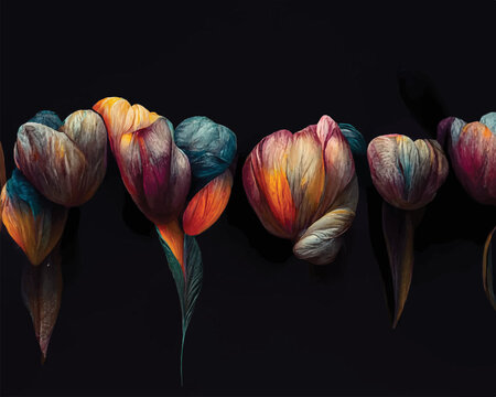 Digital watercolour painting of tulips on a black background. Elegant vectorial flowers.