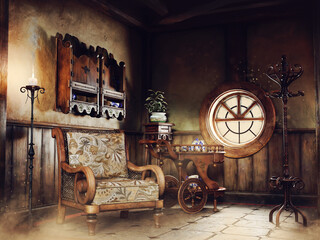Fairytale scene with a room full of fancy wooden objects, with a round window. 3D render.