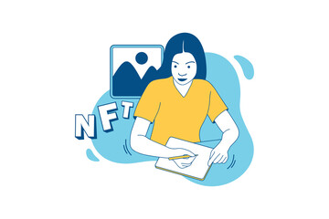 Illustrations of Beautiful NFT creator drawing NFT art with a tablet design concept