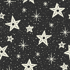 Hand Drawn Winter Stars Vector Seamless Patterns. Christmas Starry Sky Print. Winter Holidays, Noel, New Year Background. Decorative Backdrop For Fabric, Wrapping Paper. Black and White Doodle Design