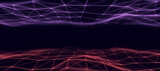 Music wave of particles. Big data visualization. Abstract colored background with a dynamic wave. 3d rendering.